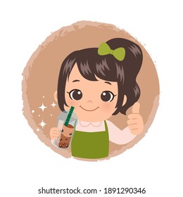 Cute girl drinking bubble tea logo with thumbs up. Flat style design vector sticker.