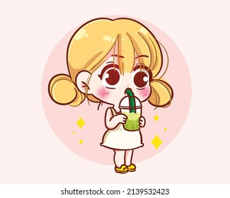 Cute girl drinking bubble tea logo banner hand drawn cartoon art illustration