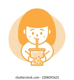 Cute girl drinking bubble tea in orange color simple illustration vector image