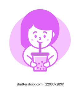 Cute girl drinking bubble tea in purple color simple illustration vector image