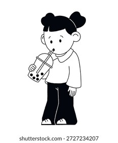 Cute Girl Drinking Bubble Tea with Straw — Minimal Black and White Vector Illustration