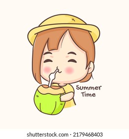 Cute girl drinking coconut. Summer holidays and vacation. Chibi cartoon character. Flat vector illustration