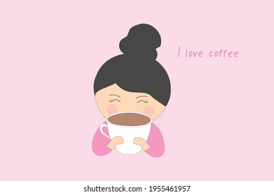 Cute girl drinking coffee vector illustration. Coffee lover concept
