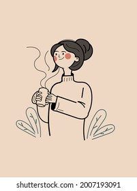 A cute girl is drinking coffee, winter season, plants