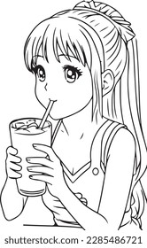 Cute girl drinking a drink with ice. Anime girl smiling, vector coloring for children