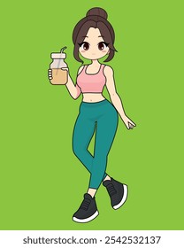 Cute girl drinking healthy drink tea coffee juice smoothie illustration