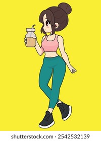 Cute girl drinking healthy drink tea coffee juice smoothie illustration