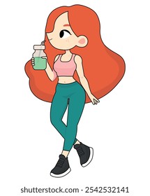 Cute girl drinking healthy drink tea coffee juice smoothie illustration