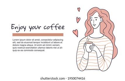 Cute girl drinking her morning coffee. Enjoy your coffee vector illustration 