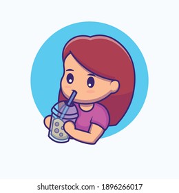 Cute girl drinking milk tea boba cartoon illustration