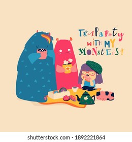 Cute girl drinking tea with funny monsters