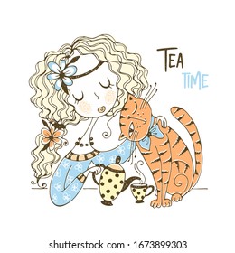 A cute girl is drinking tea with her pet cat. Vector.