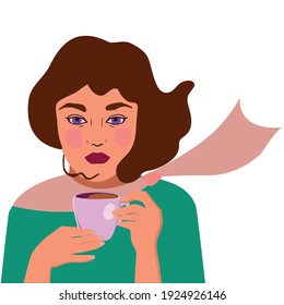 Cute girl drinking tea. Illustration with a woman, a girl. Fashion illustration. Mothers Day. International Women s Day. Fight for freedom, independence, equality. European girl.