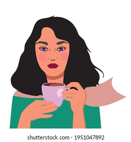 Cute girl drinking tea. Illustrations with a woman, a girl. Fashion illustration. Mothers Day. International Women s Day. Fight for freedom, independence, equality. European girl