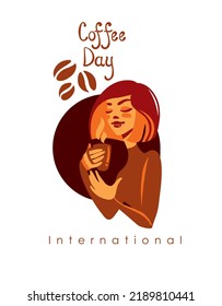 Cute girl drinks fragrant coffee. International Coffee day, banner. Vector illustration. Logo.