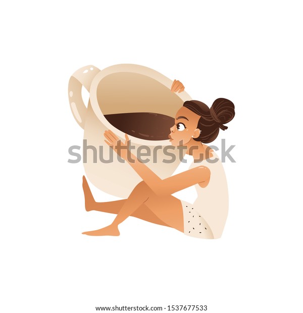 Cute Girl Drinks Giant Coffee Mug Stock Vector Royalty Free 1537677533