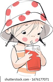 Cute girl  drinks juice. Summer theme.