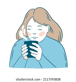 Cute girl drinks tea or coffee from a cup. A woman in autumn or winter holds a cup. Vector hand drawn illustration.