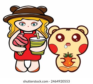 A cute girl, and a drooling bear carry the summer treat (ice cream and drink, and orange)