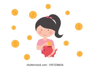 Cute girl drop coin into a piggy bank  Saving money, raising profit and financial investment concept