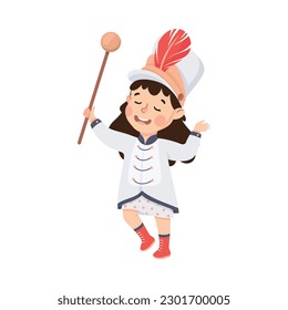 Cute girl drum major. Happy kid in white traditional costume marching band parade with rod cartoon vector illustration