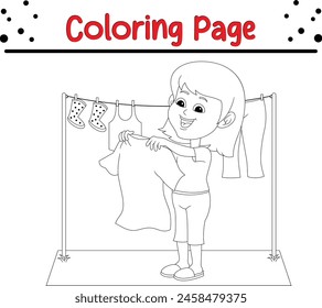 cute girl drying clothes coloring book page for kids and adults