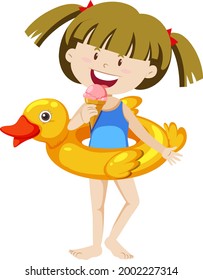 Cute girl with duck swimming ring isolated illustration