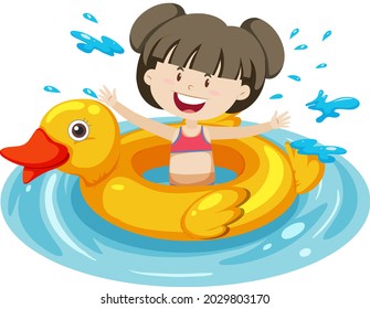 Cute girl with duck swimming ring in the water isolated illustration