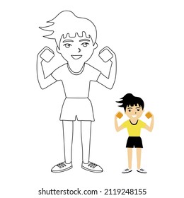 Cute girl with dumbbells, cheerful baby with a smile linear vector illustration. Coloring book for children.