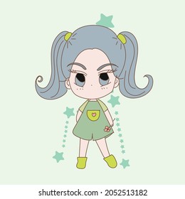 Cute girl in dungaree with twin tails hair style with flower in hand on the star zodiac sign Taurus background. Hand drawn illustration.