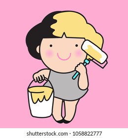 Cute Girl Dying Coloring Her Black Hair To Yellow With Paint Roller Concept Card Character illustration