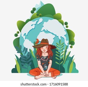 Cute girl with Earth globe. Nature landscape background. Summer holidays illustration. Vacation time