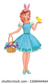 Cute girl with an Easter basket and a chicken. Isolated cartoon  illustration. Vector.