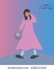 Cute girl with an Easter basket in her hands. Happy Easter banner, poster, greeting card. Vector illustration. 