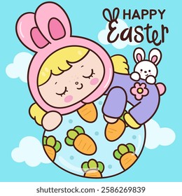 Cute girl easter bunny clipart sleep on egg carrot princess sweet dream. Kawaii animals Egg hunting (whimsical characters). Pet farm Spring activities holiday. Make a wish for baby t shirt fairy tale.