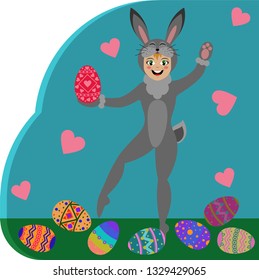 Cute girl in easter bunny costume.Vector illustration