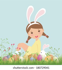 Cute Girl mit Osterhase und dekorierten Eiern. Vektorillustration