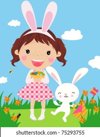 Cute girl with easter bunny and decorated eggs.