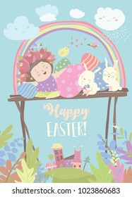 Cute girl with Easter rabbits and Easter eggs