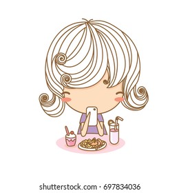Cute girl eat and chat. Vector illustration, character design.