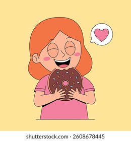 Cute girl eating chocolate donut cartoon