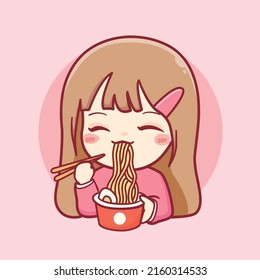 Cute  Girl Eating Delicious Cup Of Noodles