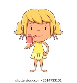 Cute girl eating flavored ice on a stick, swimsuit, summer, drawing