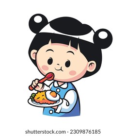 Cute girl eating fried rice cartoon vector