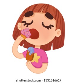 Cute girl eating ice-cream and muffin Pretty kawaii girl with desserts. Happy little girl eating delicious chocolate ice-cream and cupcake. Vector illustration. 