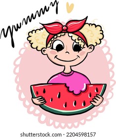 Cute girl eating a juicy watermelon. Doodle style. Vector.