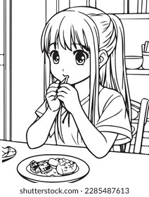 Cute girl eating at the kitchen. Anime coloring page for teenagers