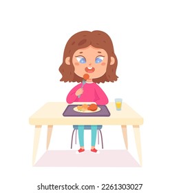 Niña linda comiendo comida en el comedor escolar ilustraciones vectoriales interiores. Estudiante de caricatura sentada en la mesa de la cafetería para comer comidas saludables en el café del campus a mediodía.