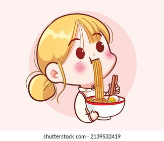 Cute girl eating noodle logo banner hand drawn cartoon art illustration