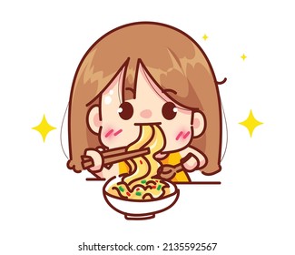  Cute Girl Eating Noodles Or Ramen Restaurant Logo Concept Cartoon Character Hand Draw Art Illustration